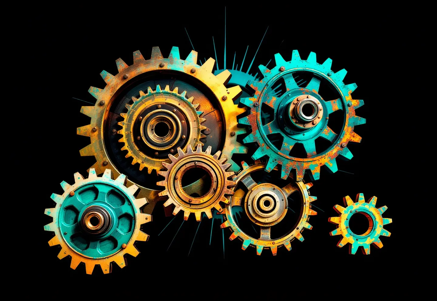 Steampunk-industrial illustration of four meshed gears in brass and verdigris representing the four peptides of the KLOW blend engaged as one repair apparatus, on a cool dark-iron ground
